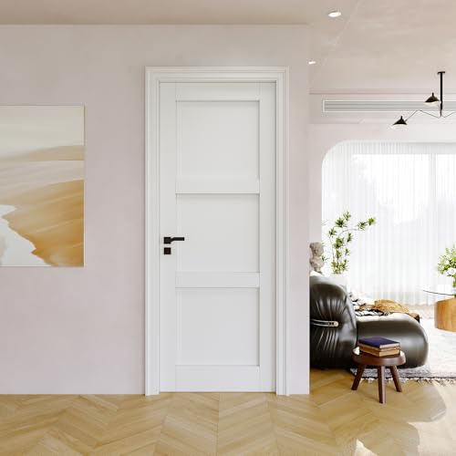 Slab Door Interior, Solid Core Pre-Built Wood Doors 30x80, 3-Panel White Bedroom Door Shaker, Pantry, Bathroom, Laundry Swing Door w/o Frame, Pre-Finished & Paintable with CARB P2