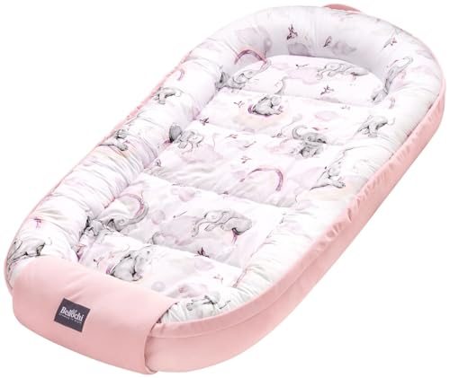 Bellochi Babynest für Neugeborene XXL | Babyliegennest | 100% Baumwolle | 120x65 - mit Schutzkanten | 0-9M | Habarigani