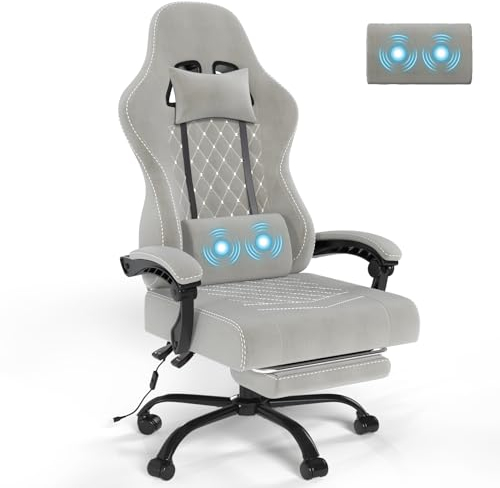 Devoko Massage Gaming Stuhl Stoff, Racing Gamer Stuhl aus weichem Hightech-Stoff mit Massage-Lendenwirbelstütze, Fussrasten, 150 kg Belastbarkeit, Ergonomischer Bürostuhl