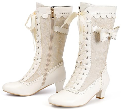 Voviggiw Stivali vittoriani vintage da donna Stivali da nonna al polpaccio con cerniera Costume rinascimentale Scarpe con tacco medio Abito da sposa Stivali con fiocchi Marchio beige Taglia 43