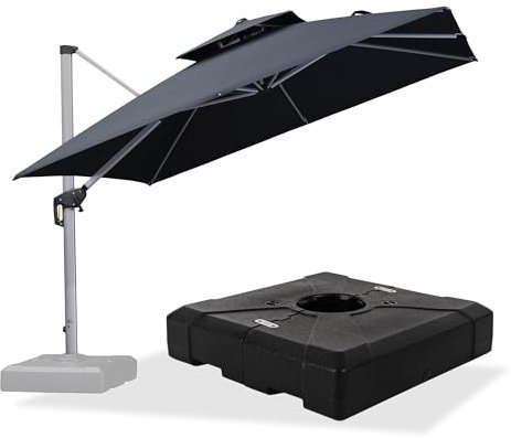 PURPLE LEAF Parasol Déporté 3 x 3 m Carré avec Pieds, Parasol de Jardin Extérieur à Toit Double Rotatif 360°, Pour Terrasses, Terrains de camping, Restaurants Extérieurs, Gris acier