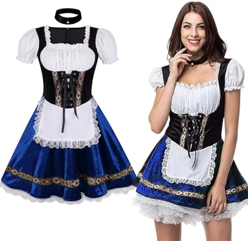 maxToonrain Oktoberfest-outfit för kvinnor, tysk, öl, bayersk, traditionell, kortärmad, sammet, halloween-dräkt, hembiträde, klänning för kvinnor (blå, L)