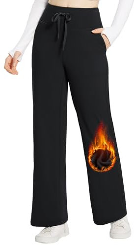 baleaf Damen Thermo Yogahose Weite Hose mit Taschen Jogginghose Hohe Taille Winter Warme Comfy Lounge Sporthose Trainingshose Kordelzug Schwarz XL