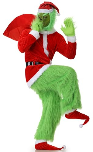 Ulikey Monstruo Verde Disfraz de Papa Noel para Adulto - 10 Piezas de Navidad de Lujo Trajes Peludos