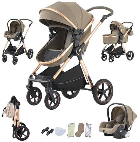 Shineey kinderwagen 3 in 1 Buggy Babybett Komplett Set Einem Klick Zusammenklappbarer Kinderwagen, 3 in 1 KombiKinderwagen Aluminiumrahmen für Neugeborene