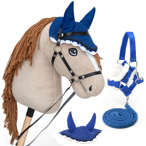 Hobby Horse Beige A3, komplett pinnhäst med nät, mors, tyglar, grimma och blå insektssäkert mössa. Hästhuvud för hobby Horsing barn och tonåringar