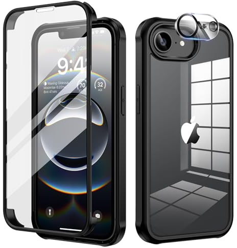 seacosmo Coque pour iPhone 16e, iPhone 17e Antichoc Housse avec Verre Trempé et Caméra Protecteur [9H HD] 360° Protégé Etui Double Face Case Robuste Transparent Intégrale Coque iPhone 16E/17E - Noir