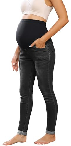 Maacie Pantalones de maternidad largos elásticos para embarazo, cómodos jeans primavera verano, Negro carbón, M