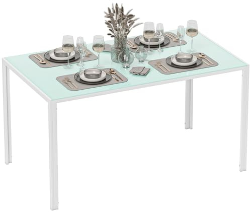HOMCOM Mesa de Comedor de Cristal, Mesa Rectangular para 6 Personas con Patas de Metal, para Cocina, Salón, 140x80x75 cm, Blanco