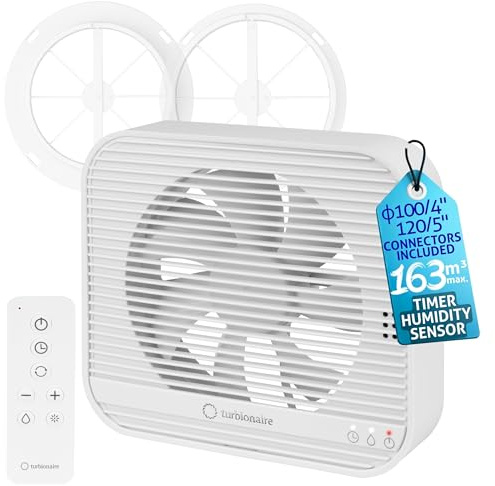 Turbionaire Axio 1012 HTR Aspiratore Bagno, 100/120 mm, Multifunzionale, Con Sensore di Umidità e Timer, Telecomando, 8 Velocità, Attacchi e valvola di non ritorno da 100 mm e 120 mm inclusi, 9.2W