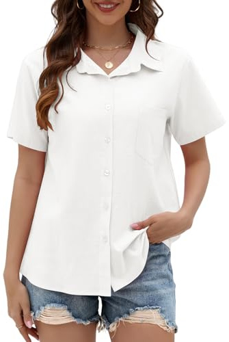 Yuson Girl Camicia Donna Estiva Camicetta Donna Manica Corta Camicette in Lino Casual Cotone Blusa Maglietta Scollo a V Tinta Unita Elegante Camicie Top con Bottoni(Bianco, L)
