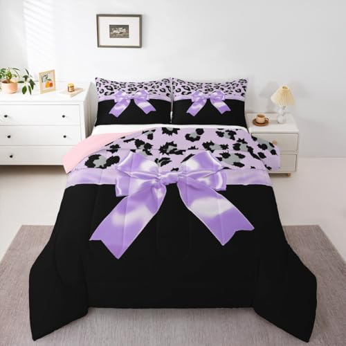 Loussiesd Juego de ropa de cama de seda morada con lazo, estampado de leopardo gris, tamaño individual para niños, niñas y mujeres, color negro, morado, dulce, romántico, 2 piezas