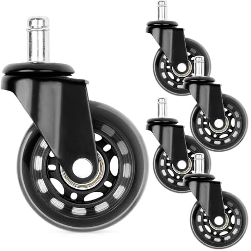 Vilde Lot de 5 roulettes de rechange silencieuses pour chaise de bureau, 6,3 cm/10 mm, pour sols durs, montage facile, taille universelle