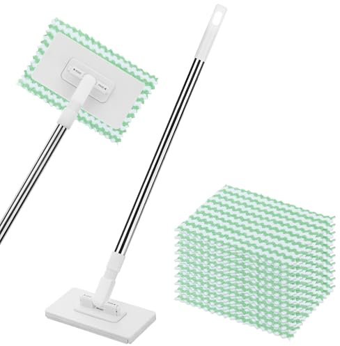 Mini Mopa con Clip & 10 Paños Reutilizables, Mopas de Limpieza Suelos con Cambio de Paño y Cabezal Giratorio de 360°, Fregonas Húmedas y Secas con Sistema de Clic para Suelos, Paredes, Baños y Cocinas