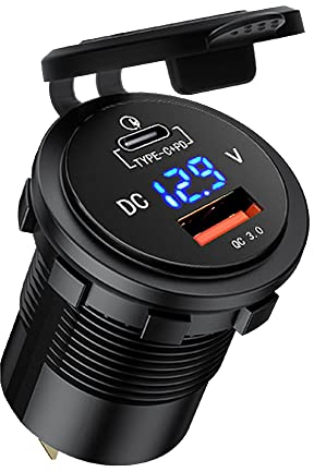 GemCoo QC3.0 USB Presa e Tipo C PD per Auto, 12V/24V QC 3.0 Dual USB Porta Carica Rapida con Voltmetro LED Indicazione per Moto, Auto Marine Motorcycle RV Caravan (Arancio)