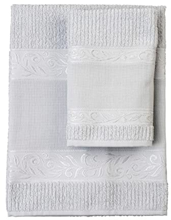 Filet - Set Serviettes avec Invité avec Insert en Toile Aida à Broder, Réalisé en Eponge de 100% Coton, Doux et Absorbant, Doux sur Peau, 100% Made in Italy, Teinte Unie, Couleur Gris