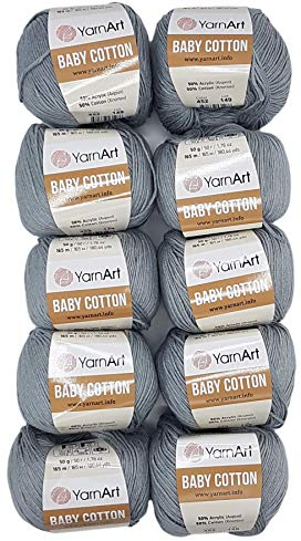 10 x 50g Strickwolle YarnArt Baby Cotton mit 50% Baumwolle, 500 Gramm Wolle einfarbig (grau 452)