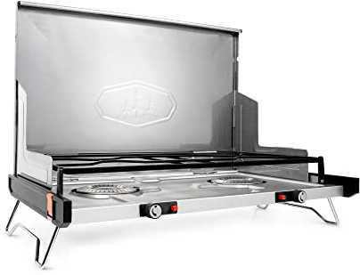 GSI Outdoors Pinnacle Pro 2-Burner Camping & Tailgating Stove, Ultra-Slim Portable Propane, 25,000 BTU, Windscreens, Folding Legs, Outdoor Cooking