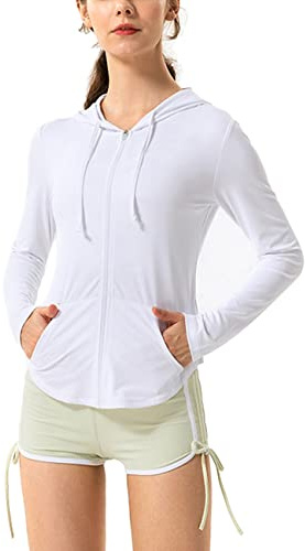 Hanyomo Femmes Manches longues UPF 50 + écran solaire Veste Hoodie Fitness Avec poches Yoga Fermeture éclair complète Athlétique Jacket