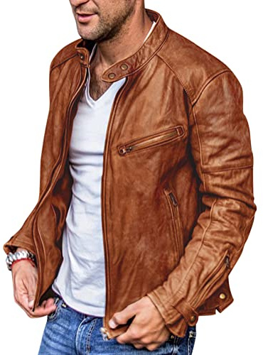 Oanviso Giacca Uomo Ecopelle Giacche Biker Leggero Giubbino Bomber Giubbotto Vintage Giacca Da Moto Moda Casual Jacket Primavera Giacca di Pelle a Maniche Lunghe Regular Fit A Marrone XXL