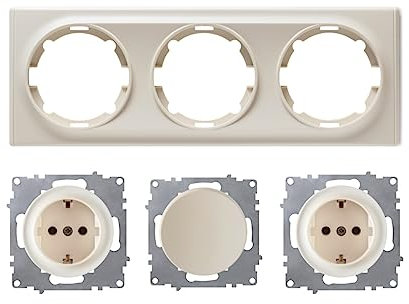 OneKeyElectro Set: 2x Schuko-Steckdose und Ein-Aus-Lichtschalter, unterputz, matt-Antifingerprint, Schutzart IP20, 230V/16A, rund mit Abdeckrahmen 3fach, waagerecht, beige