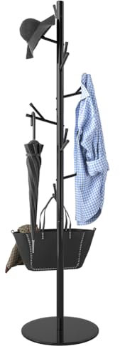BAKAJI Perchero de pie con 16 ganchos, soporte para colgar ropa independiente para entrada y salón, ideal para abrigos, sombreros, bolsos (color negro)