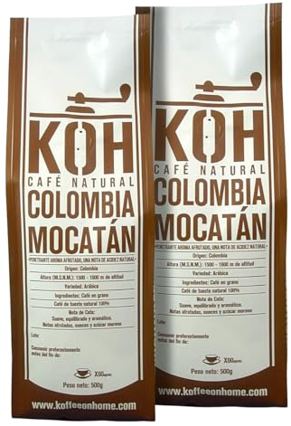 KoffeeONHOME Café Colombia Mocatán en Grano Arábica Tueste Natural 2 Paquetes de 500 gr 1Kg