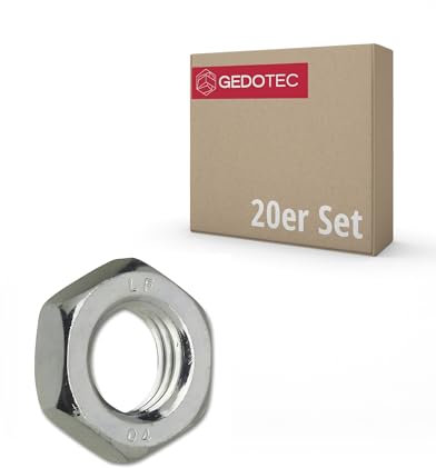 Gedotec Sechskantmutter flach ISO 4035 | M20 | 20 Stück | verzinkter Stahl | Sicherungsmutter, Selbstsichernd, Kontermutter, Klemmutter | Maschinenbau, Konstruktion