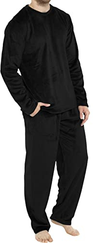 Duohropke Men's Flannel Leisure Suit Winter Warm Pyjama Set Long Two Piece Pyjamas Fleece Pyjamas Long, black, S