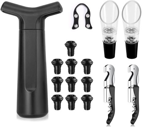 BANJILI-Pompa Salvavino con Tappi Sottovuoto,16 in 1 Kit di Stopper Vino Ritutilizzabile,PompaSottovuoto per Bottiglie di Vini con 10 Tappi 2 Versatore 2 Tagliarina 1 Pompa,Estrazione d’Aria Vini