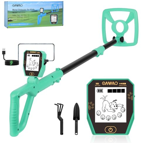 OMMO Detector de metales, batería recargable incorporada, detector de metales para niños con divertida pantalla LCD, detectores de metales ajustables para niños con bobina de búsqueda impermeable IP67
