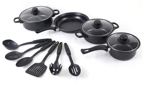 Petyoung Juego de utensilios de cocina de 13 piezas, ollas y sartenes antiadherentes con tapas, juego de sartenes de inducción color negro