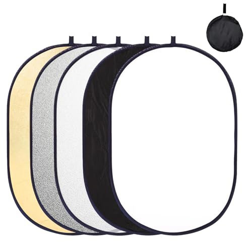 5-i-1-ljusreflektor för fotografering, oval reflektor fotografi, vikbar reflektor med bärväska, ljusreflektor för porträttfoto, selfie, bröllopsfotografering, utomhusbelysning (90 x 120 cm)