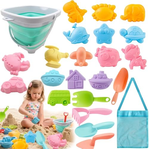 Moerstar 23 Stück Sandspielzeug Set, Strandspielzeug Mädchen Kinder mit Sandeimer Faltbar und Strand Spielzeug Spielzeug Sandförmchen Sandkasten Spielzeug für Mädchen Jungen