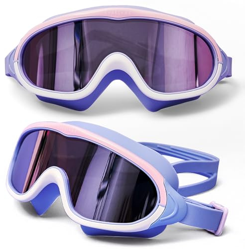 Roarsome Kids Swimming Goggles Ages 2-10 | Superhero Design | Anti-Fog & UV400 Protection | Soft Silicone Leak-Proof Fit | One Size Adjustable Strap | Pool, Beach & Ocean - Lilac