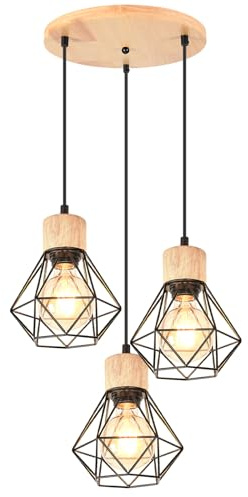 TOKIUS Araña de 3 Luces Retro Lámpara Colgante Vintage 16CM Lámparas de Techo en Madera Hierro Diseño Jaula Negro Luz Colgante E27 Iluminación de Techo para Dormitorio Comedor Cocina (Araña A)