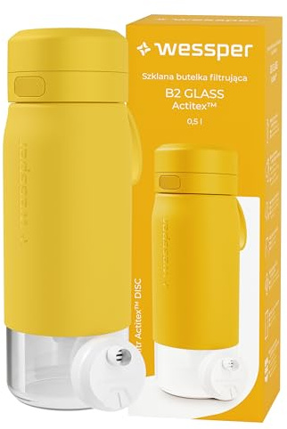 Wessper Gourde Filtrante, 500 ml, Gourde en Verre Borosilicaté, avec FIltre Actitex DISC, Compteur de Femplacement du filtre a eau Intégré, Réduit le Chlore, BPA FREE - Jaune
