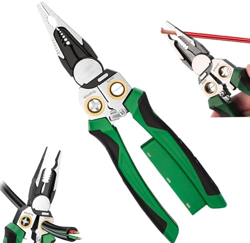 AURIVEE Pinza Spelafili 8 in 1 con Tester di Tensione,Utensile Elettricista Multifunzione per Tagliare, Crimpare, Tirare Cavi Cesoie Cavo con Rilevazione Sicurezza