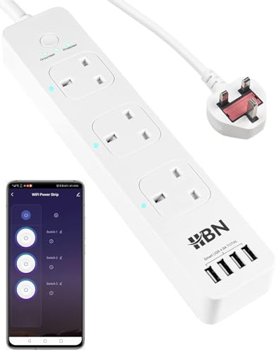 HBN Smart WiFi Extension Lead with 3 AC Outlets 4 USB Ports, APP Remote Control, Smart Plug that Works with Alexa and Google Home,Power Strip with 1.8 Meter Power Cord(13A 3120W)