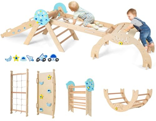 COSTWAY klätterställning inomhus 4-pack, vikbar klättertriangel med rutschkana, klätterbåge, nät, inkl. dubbelsidig lutning, byggstensset & 2 bilar, universum ribbstångstriangel i trä för barn från 1