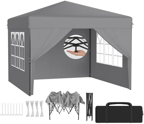 XMTECH Fällbar paviljong 2,5 x 2,5 m trädgårdspaviljong – 3-vägs justerbar höjd 2,4–2,6 m, installation med en knapp, paviljong UV-skydd, vattentät, stabil, 210D oxfordtyg – grå, med 4 sidodelar