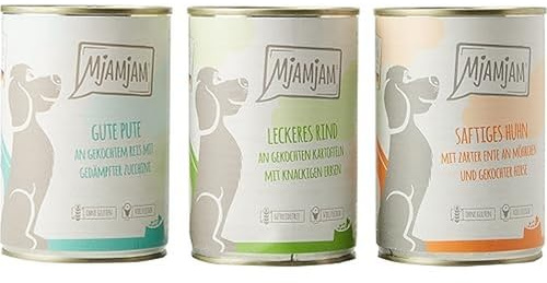 MjAMjAM - comida húmeda premium para perros - Mixpaket I - pollo & pato, ternera, pavo, pack de 6 (6 x 400 g), natural con extra de carne