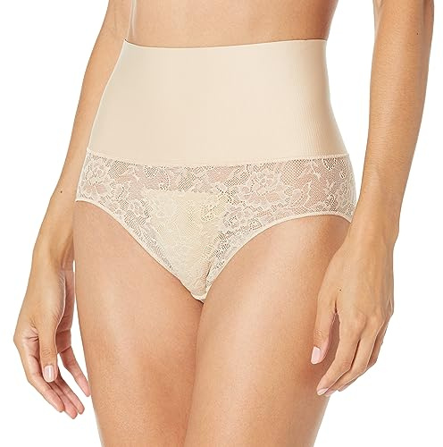Flexees Femme Tame Your Tummy Brief Culottes gainantes, Transparent/Nude Lace, L EU