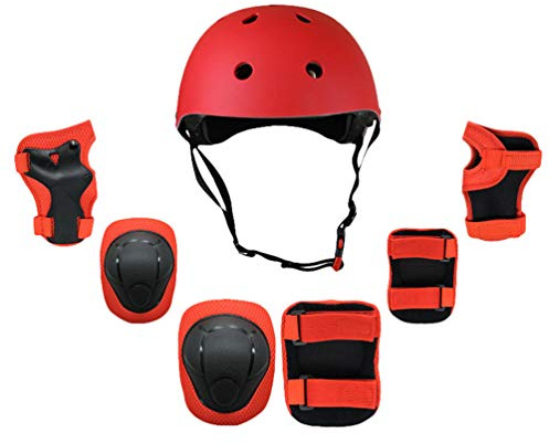 LucaSng Children's Protector Set Protectors Inline Protective Equipment Children's Knee Pads Set 7 Pieces with Adjustable Helmet for Inline Skateboard Bicycle Roller Skate Scooter (Red, 2.5-9 Years)