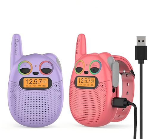 QNIGLO Q136 Talkie Walkie Enfants Rechargeable, Radio FM Portée 4-6Km 10 Sonneries,Randonnée Vélo Marche Camping Course à Pied,Cadeaux d'anniversaire De Noël pour Filles Garçons 3-12 Ans(RougeViolet)