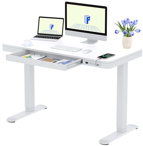 FLEXISPOT Q3 Scrivania Regolabile in Altezza, Piano Unico con Angoli Arrotondati 120x60 cm Bianco, Porta di Ricarica USB-C, Funzione Anti-Collisione Auto-ritorno, Cassetto Sottopiano Integrato