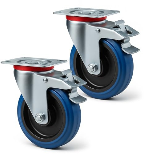Wiltec Jeu 2x Roulette pivotante en plastique – Ø 125 mm – Capacité de charge 200 kg – Roue avec blocage total et Plaque de montage – Transport Appareil Accessoire Meuble – Usage silencieux sans trace