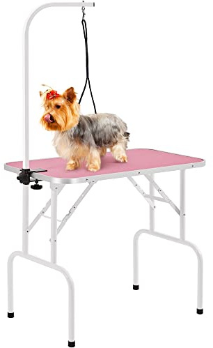 Yaheetech 32'' Foldable Dog Grooming Table Pet Dog Cat Drying Beauty Table with Adjustable Folding Fixed Arm Folding Legs Maximum Capacity 100KG Pink