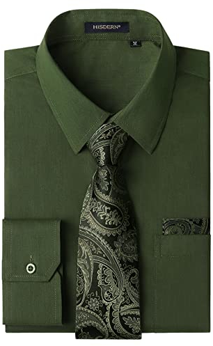HISDERN Herren Hemd Grün Langarm Einfarbige Hemden mit Krawatte und Taschentuch Formelle Businesshemd Hochzeit Freizeithemd mit Tasche Regular Fit XL