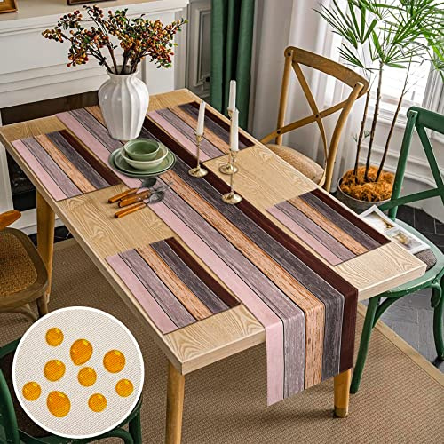 Runner Tavola Moderno E Tovagliette Lavabili Set di 4 Decorazioni Runner da Tavola Grigio Marrone Strisce Legno Decor Tovaglietta Impermeabile Poliestere Runner per Agriturismo Cucina 40x140 45x32